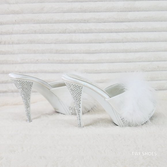 Your Majesty White Marabou Feather Rhinestone Platform Slip On Wedding Slides - Picture 6 of 10